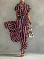 Women's Striped Printed Lapel Short-sleeved Casual Loose Cotton Linen Dress