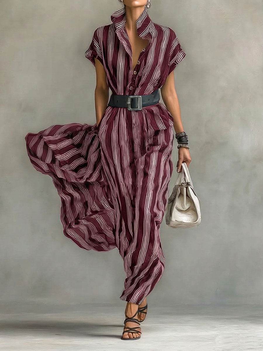 Women's Striped Printed Lapel Short-sleeved Casual Loose Cotton Linen Dress
