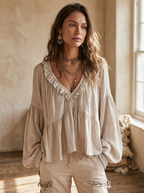 Airy Vintage-Inspired Ruffle Soft Ruffle Bohemian Blouse