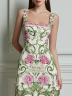 Pink Green Floral Scroll Print Square Neck Midi Dress