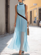 Sleeveless High Neck Maxi Dress With Brown Velvet Trim