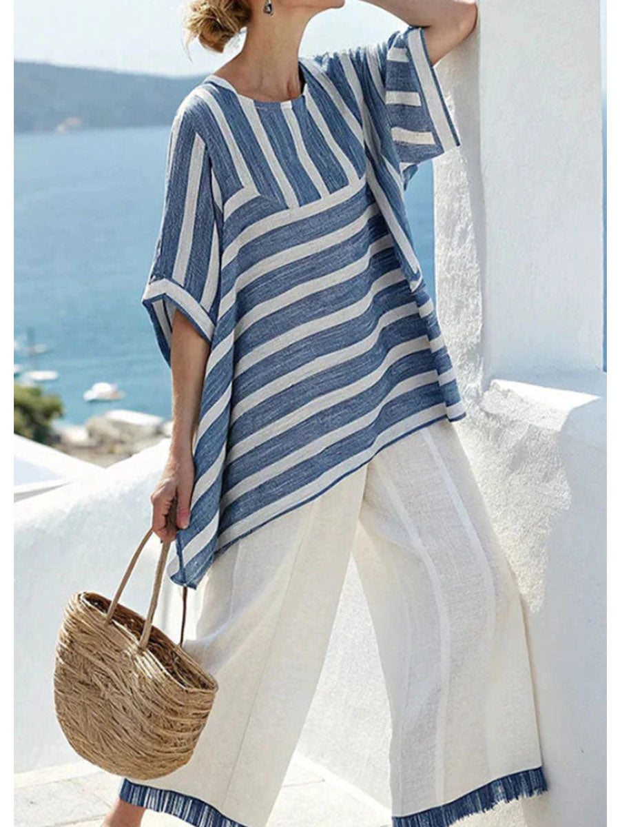 Women's Loose-fitting Casual Versatile Color-blocked Round Neck Flutter Sleeve Shirt Set