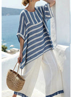 Women's Loose-fitting Casual Versatile Color-blocked Round Neck Flutter Sleeve Shirt Set