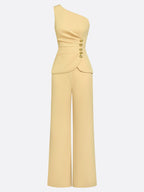 Women Yellow Buckle Ruched One Shoulder Sleeveless Dressy Top With Pants Two-Piece Set