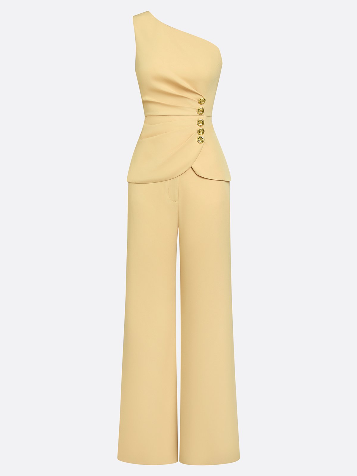Women Yellow Buckle Ruched One Shoulder Sleeveless Dressy Top With Pants Two-Piece Set
