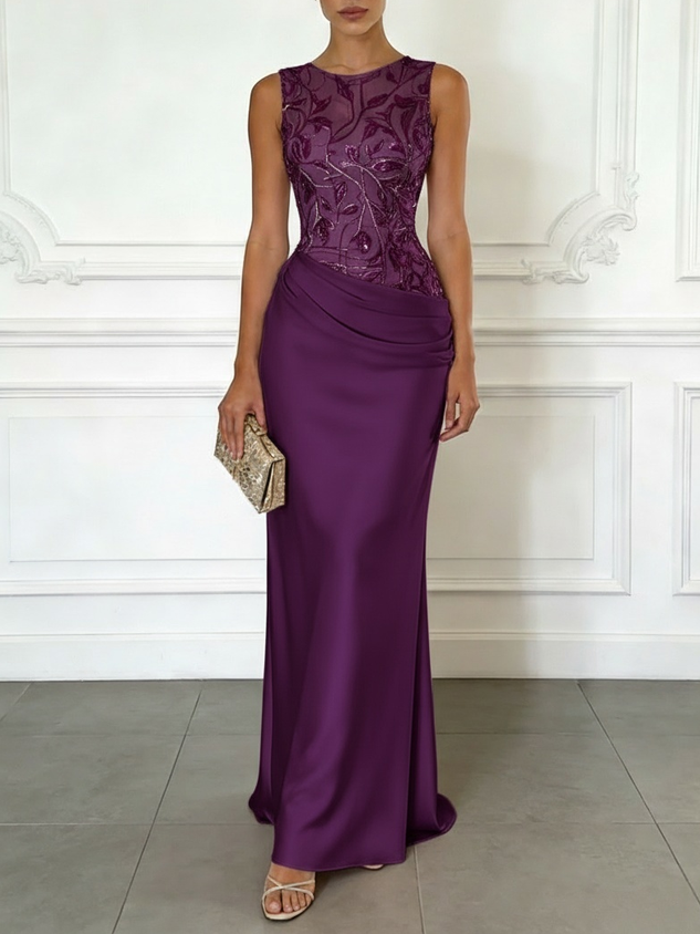 Light Pink Embroidery Satin Crew Neck Sleeveless Sheath Gown Dress