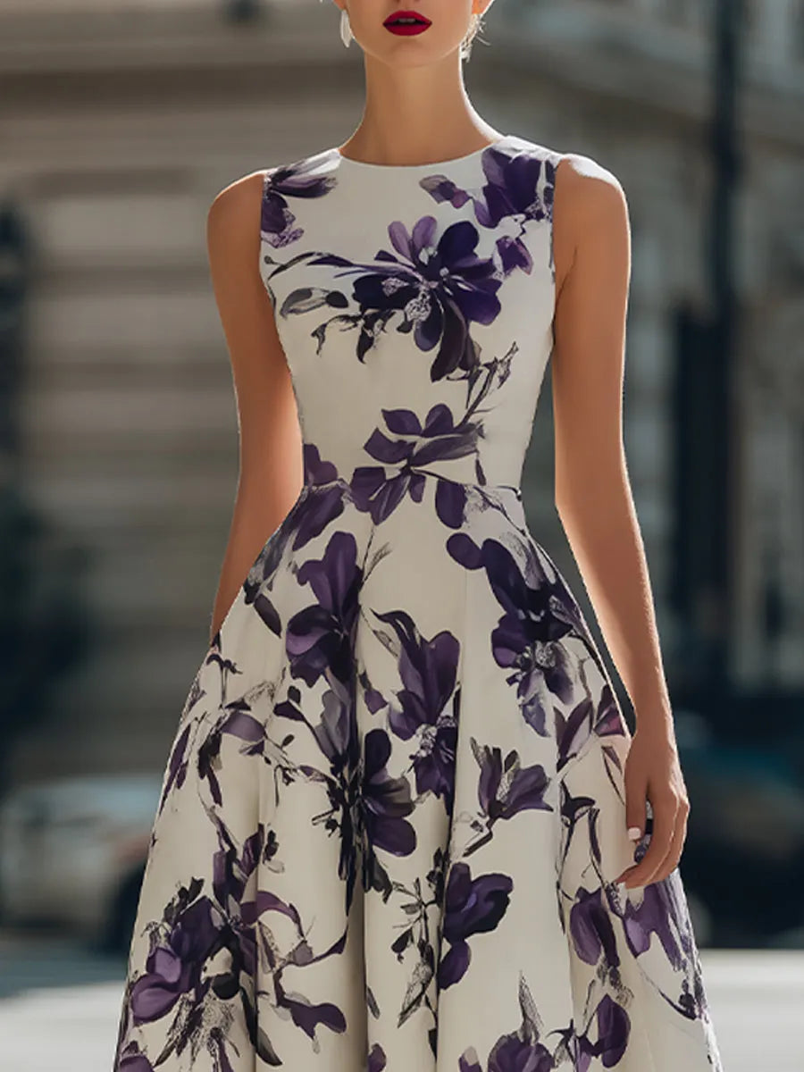 Sleeveless Floral Print A-Line Midi Dress