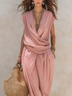 Pink Nomadic-style Draped V-neck Crossover Sleeveless Top And Trousers Set