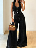 Women's Casual Slim-fit Wide-leg Denim Jumpsuit