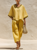 Yellow Linen-Blend Contrast Trim Two-Piece Set