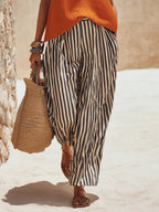 Women's Art Stylish Casual Top And Striped Pants Cotton Linen Two-piece Set