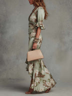 Retro Floral Ruched V-Neck Maxi Dress