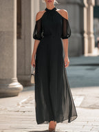 Off-Shoulder Halterneck Sheer Layered Dress