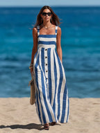 Casual Vacation Striped Sleeveless Linen And Cotton Dress