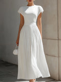 Round Neck Cap Sleeve Pleated Chiffon Waisted Maxi Dress