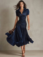 Elegant Draped & Pleated Striped Midi Dress