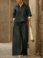 Women's Casual 100% Cotton Denim Top And Wide-leg Pants Two-piece Set