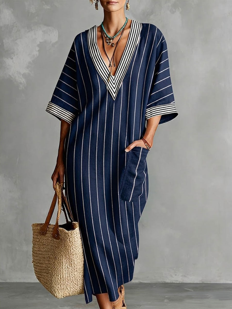Women's Striped Printed V-neck 3/4 Sleeve Casual Loose Cotton Linen Dress