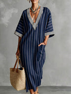 Women's Striped Printed V-neck 3/4 Sleeve Casual Loose Cotton Linen Dress