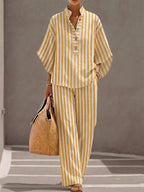 Loose-fit Casual Striped Linen And Cotton Top And Pants Two-piece Set