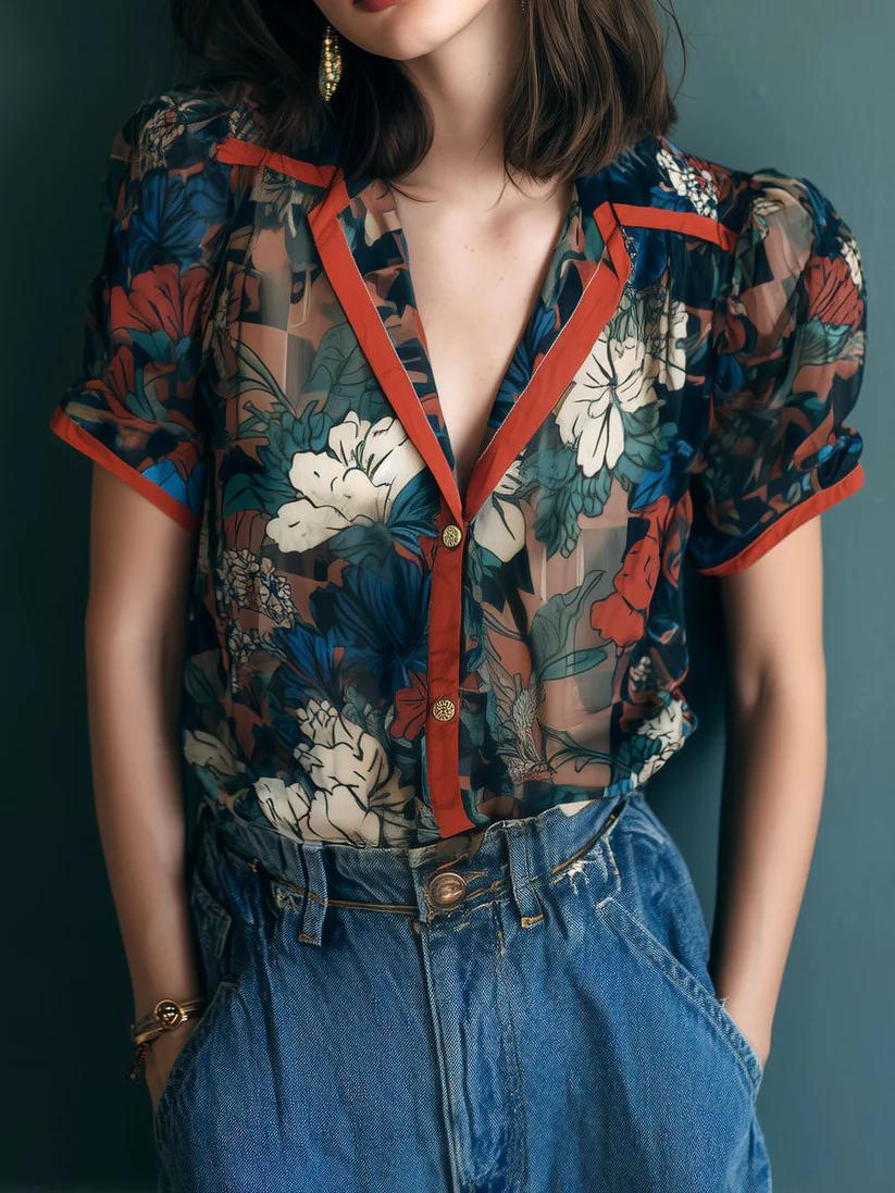 Vintage Color-trim Floral Print V-neck Chiffon Short Sleeve Blouse