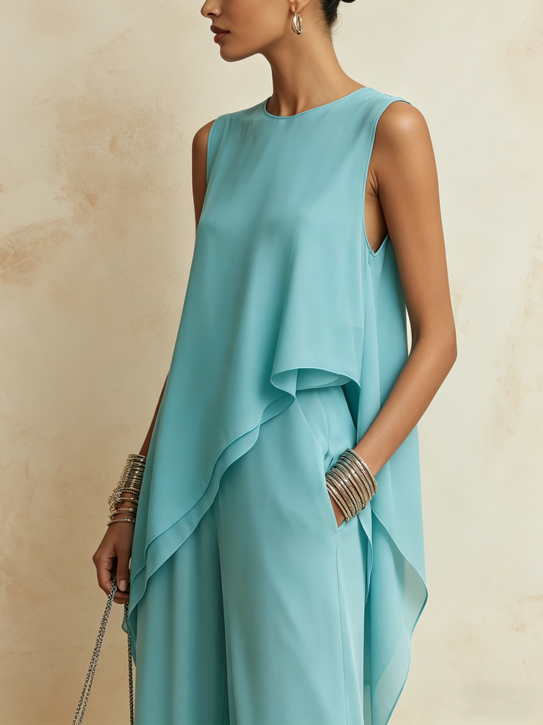 Tiffany Blue Chiffon Asymmetric Sleeveless Top & Wide-Leg Pants Co-ord Set