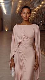 Draped Cape Sleeve Ruched Waist Bodycon Maxi Dress
