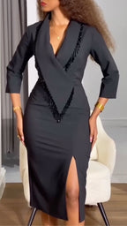 Black Fringe V Neck Midi Dress