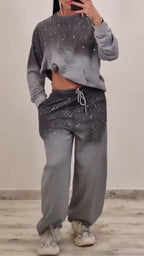 Women's Gradient Rhinestone Casual Hoodie Set
