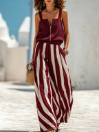 Striped Spaghetti-strap Top & Loose, Slimming Wide-leg Pants Two-piece Set