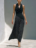 Women's Solid-color Cowl-neck Sleeveless Loose-fit Top & Striped High-waisted Loose-fit Cotton-linen Wide-leg Pants Set