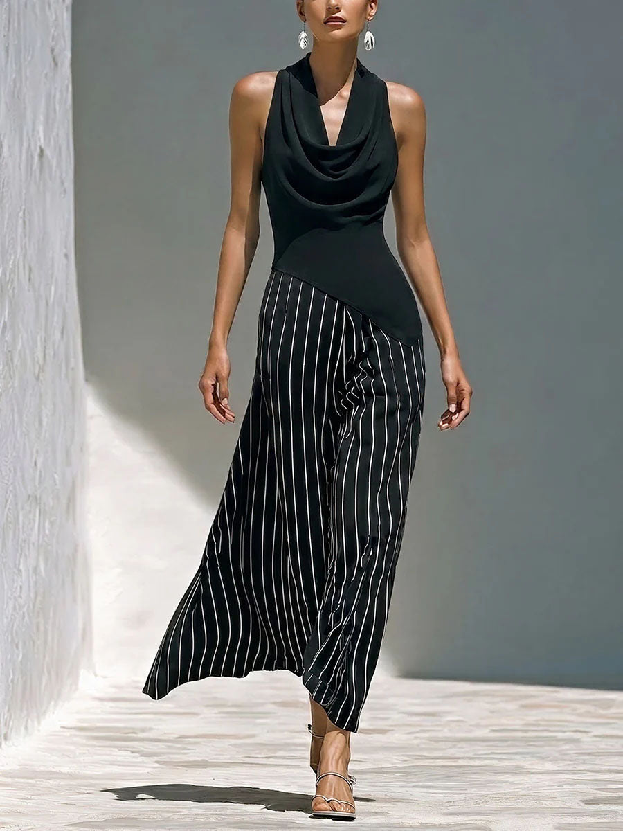 Women's Solid-color Cowl-neck Sleeveless Loose-fit Top & Striped High-waisted Loose-fit Cotton-linen Wide-leg Pants Set