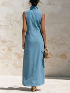 Light Blue Tencel Denim Sleeveless Cargo Maxi Dress With Front Zip