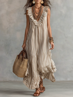 Retro Ruffled V-neck Striped Cotton-linen Dress