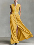 Women's Collared Sleeveless Casual Loose Long Cotton Linen Dress