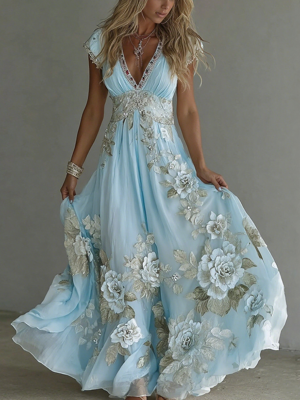 Women's Vintage Boho Floral Art  Short-sleeved Maxi Dress