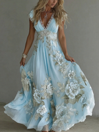 Women's Vintage Boho Floral Art  Short-sleeved Maxi Dress