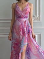 Fuchsia Tropical Leaf Print Chiffon Maxi Dress