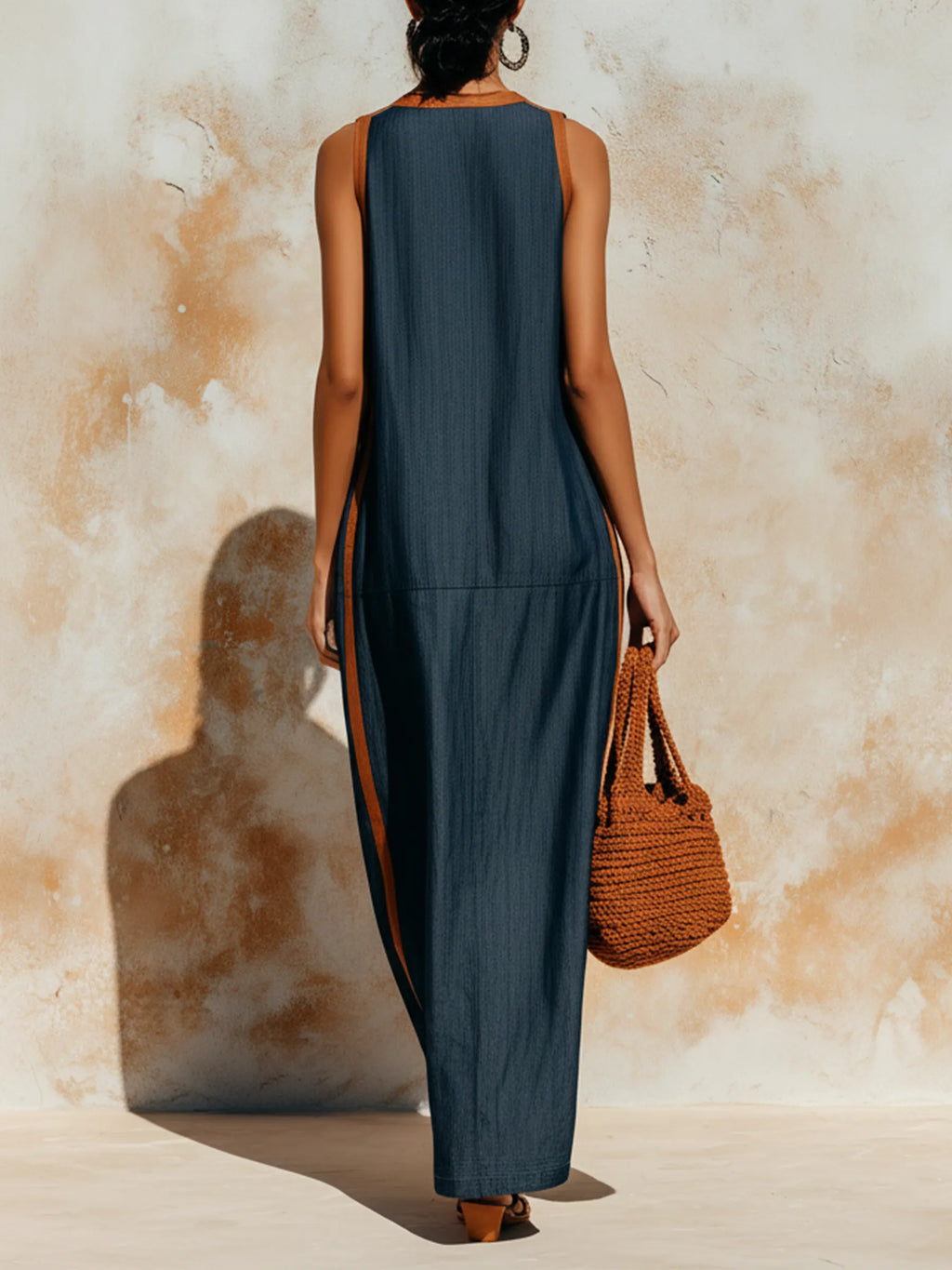 Tencel Denim Contrast Trim Sleeveless Maxi Dress