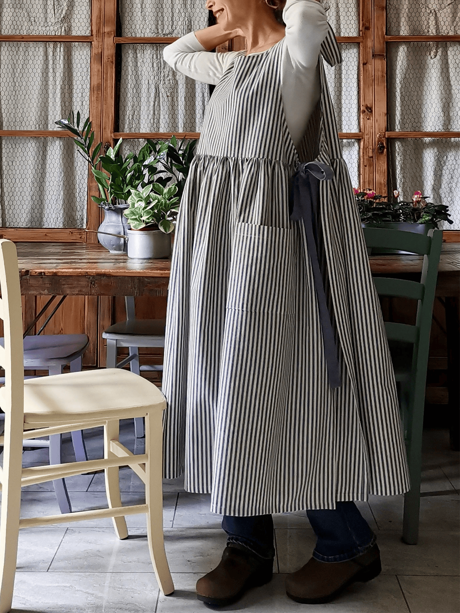 Kitchen Apron for Women in Blue Striped Cotton