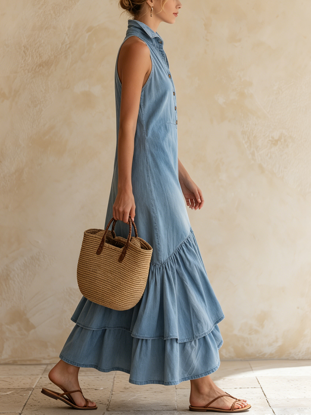 Light Blue Tencel Denim Halter Neck Ruffled Maxi Dress