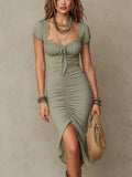 Vintage Lace-Collar Ruched Midi Dress