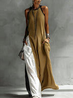 Women's Sleeveless Round Neck Loose Pocket Color-blocked Casual Off-shoulder Dress