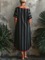 Women's Striped Print Round-neck Short-sleeve Casual Loose Cotton-linen Dress