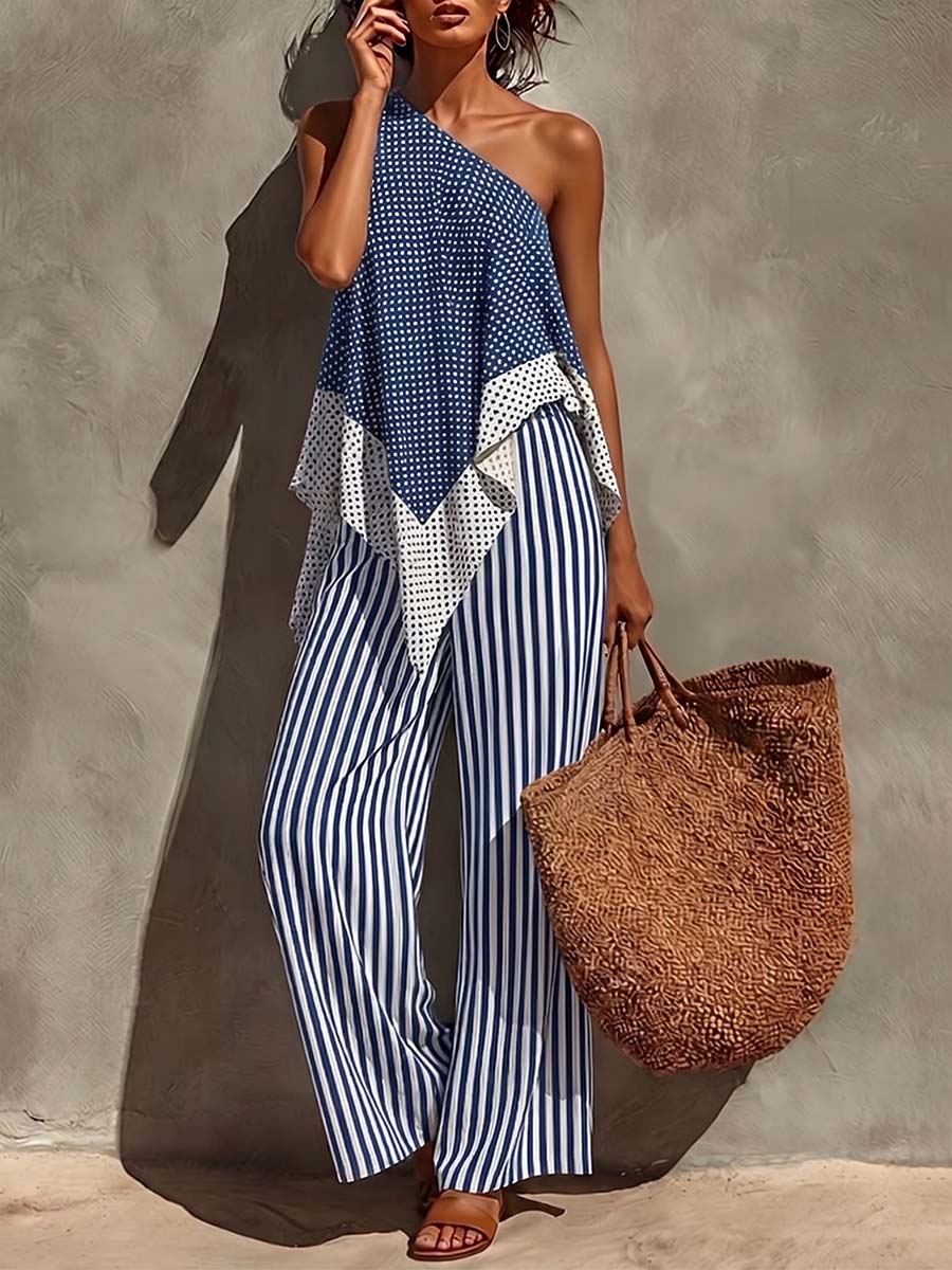 Women's Casual Cotton-linen Set: Off-shoulder Sleeveless Loose-fit Polka-dot Top & High-waisted Striped Wide-leg Pants