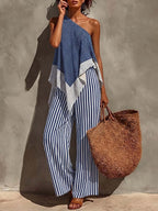 Women's Casual Cotton-linen Set: Off-shoulder Sleeveless Loose-fit Polka-dot Top & High-waisted Striped Wide-leg Pants