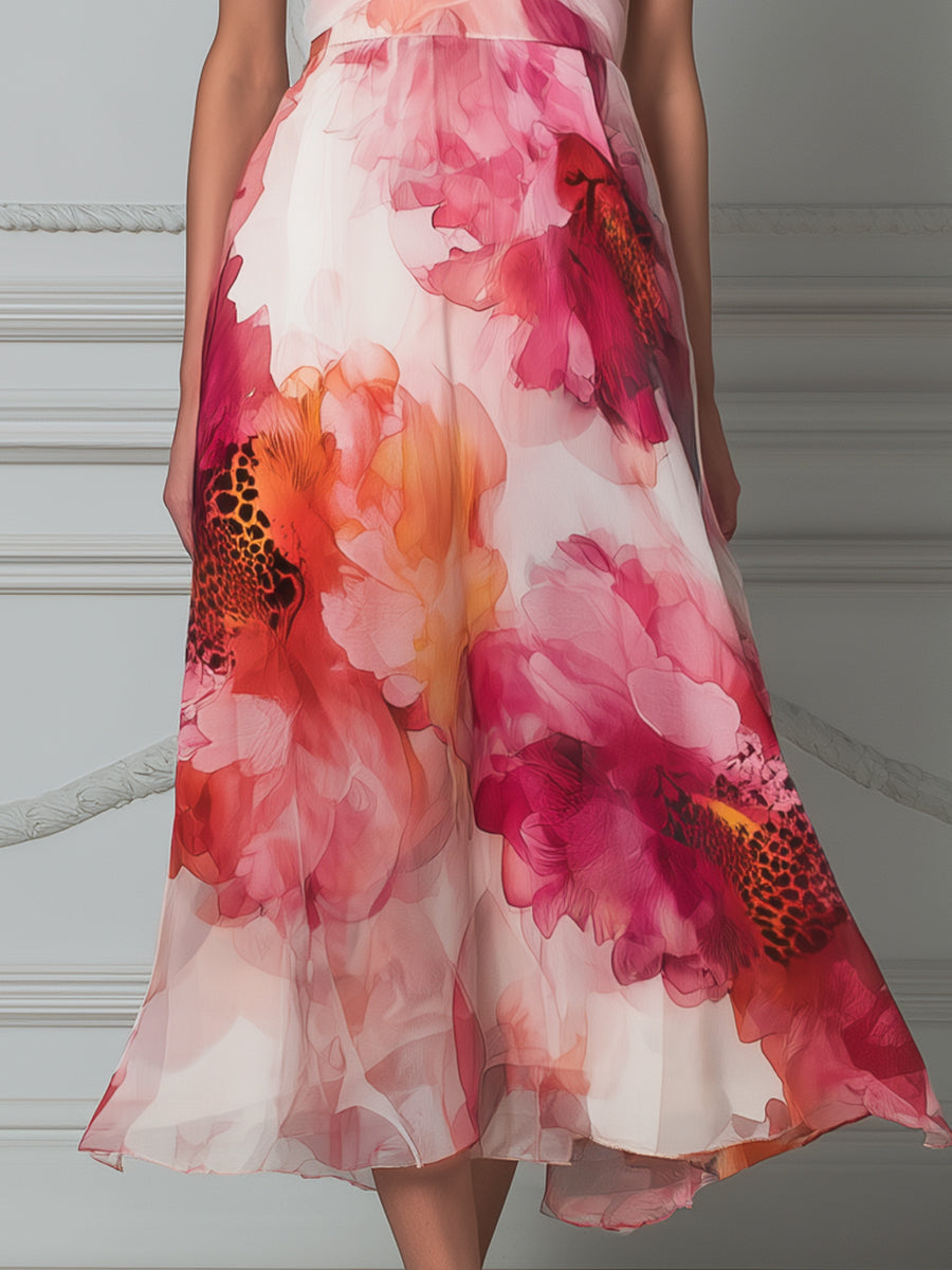 Spaghetti Strap Floral A-Line Midi Dress