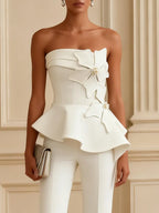 Women White 3D Floral Pearl Strapless Sleeveless Dressy Jumpsuit