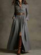 Women's Retro Solid Color Long-sleeved Dress