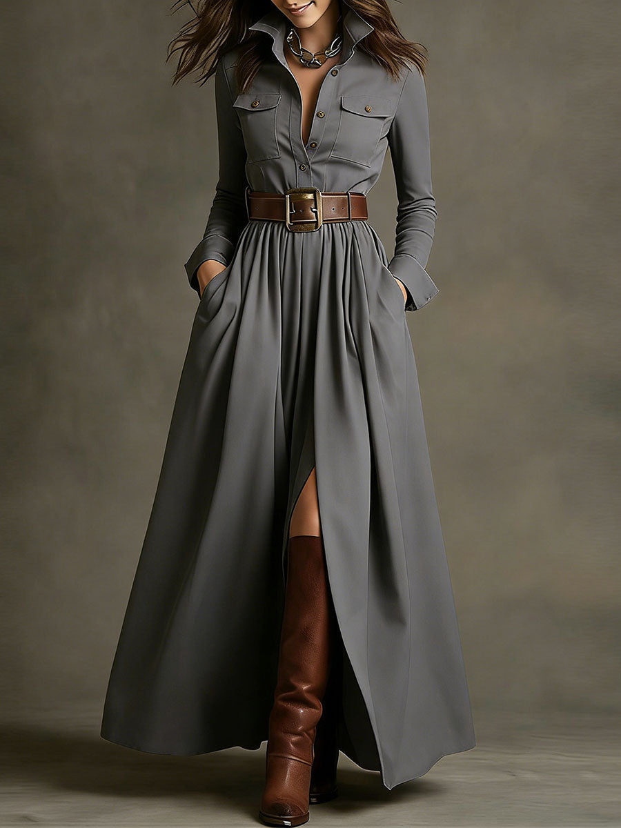 Women's Retro Solid Color Long-sleeved Dress